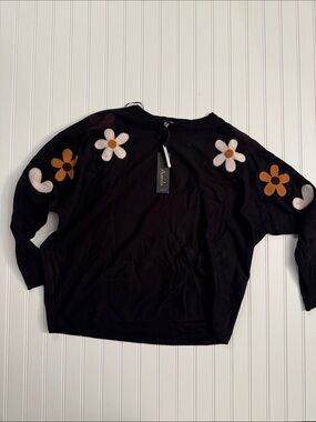 Aaeda Floral Appliqué Dolman Sweater XL NWT Black Long Sleeve Batwing Knit Top